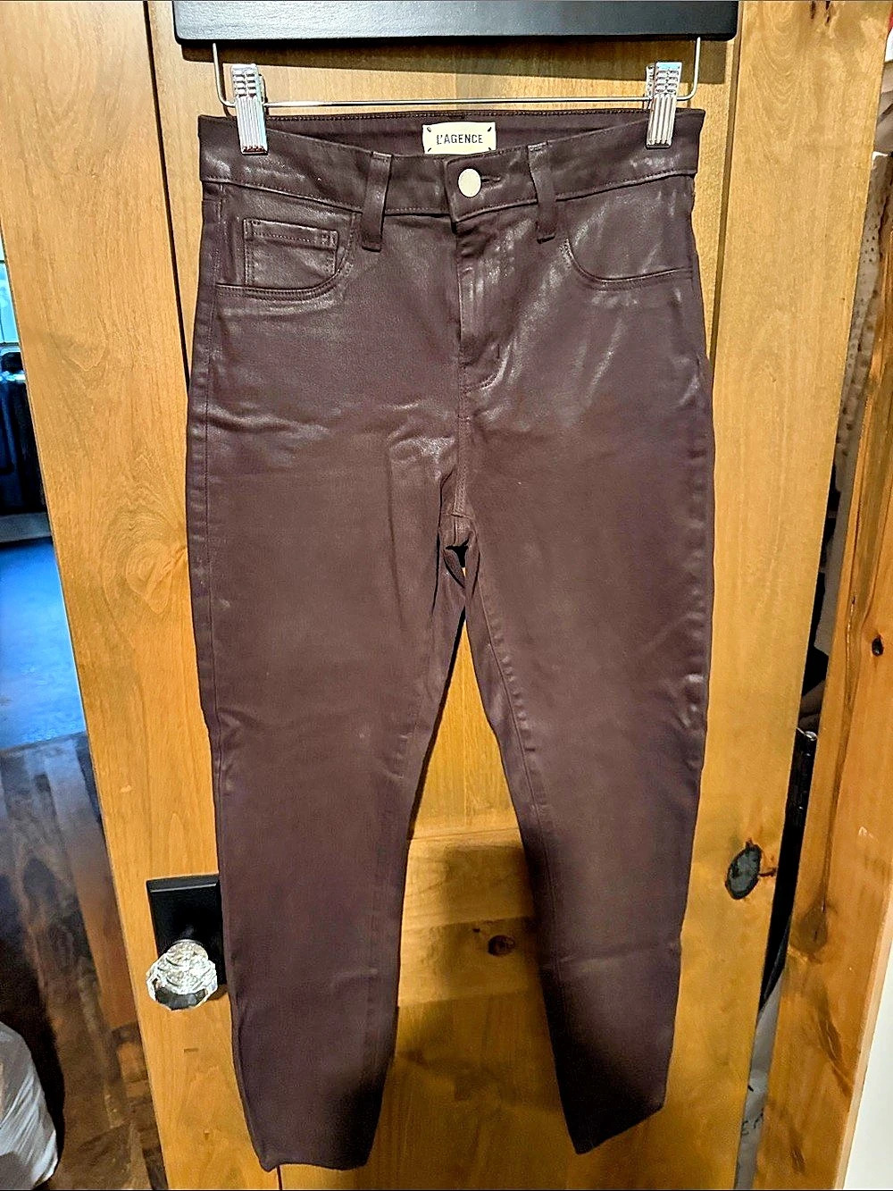 L'AGENCE Margot High-Rise Skinny Coated Jeans Brown Waist 26